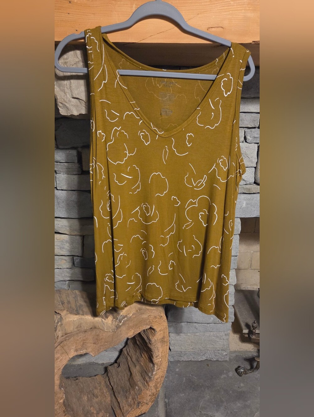 Nine West Olive Mustard V-Neck Floral Tank Top